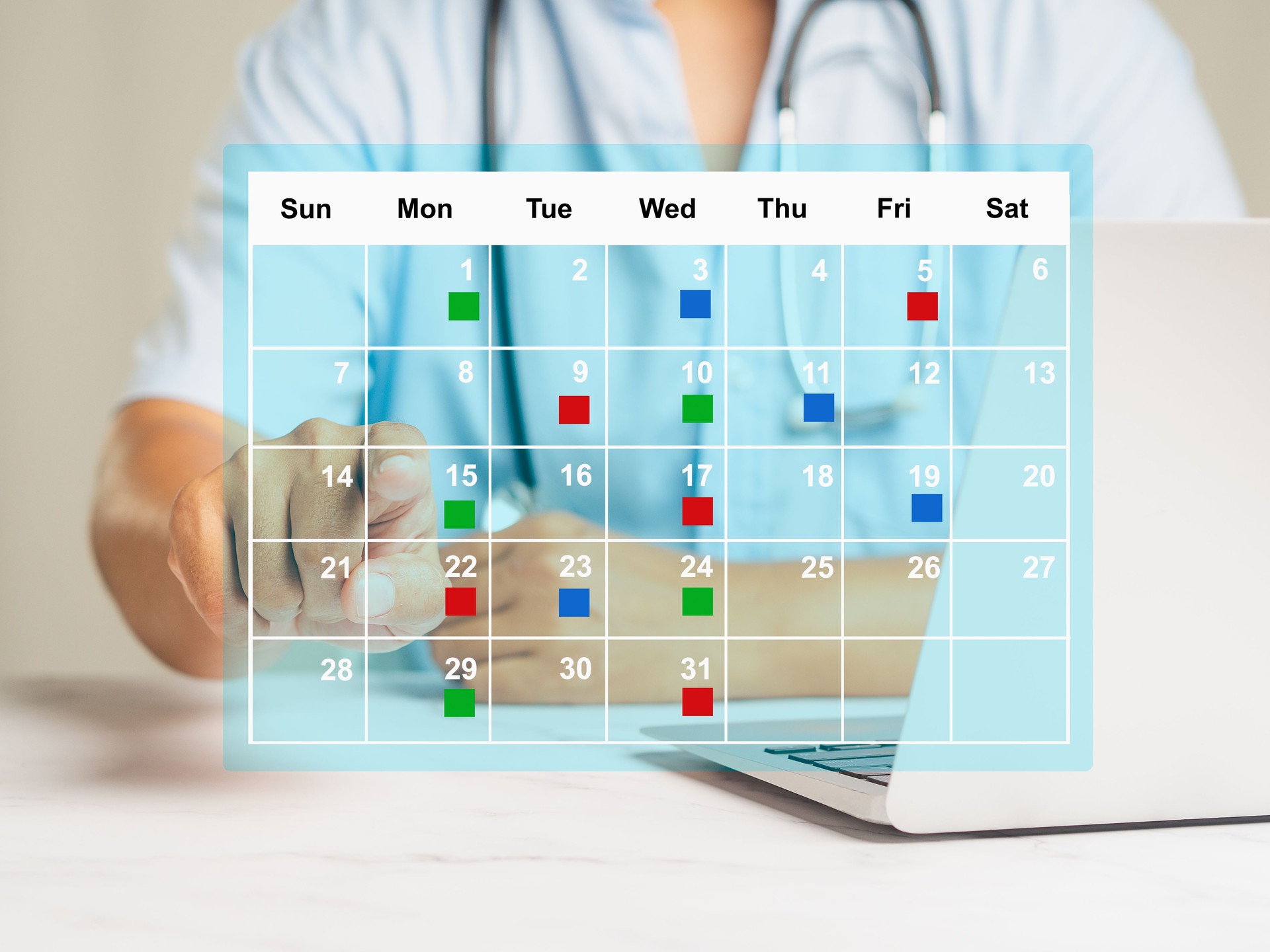Doctor planning a schedule of patient appointments on a calendar on a virtual screen.